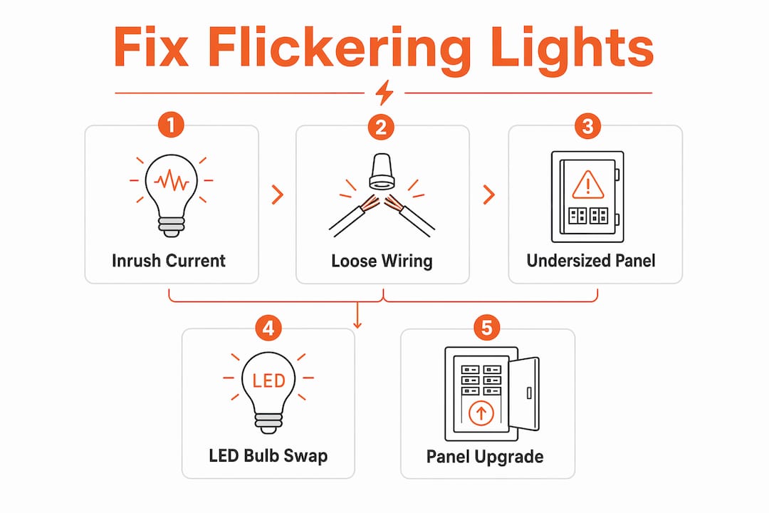 Infographic showing steps to fix flickering lights with A/C