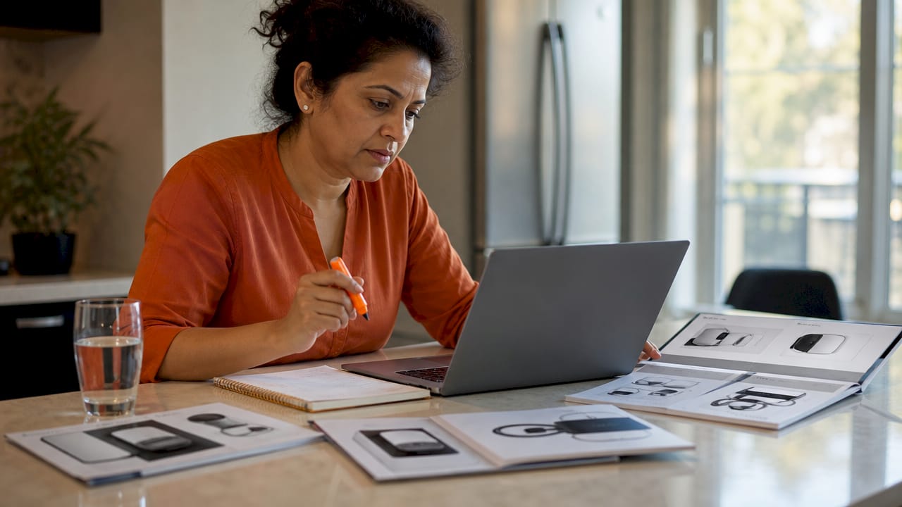 Woman choosing EV charger hardware at kitchen table