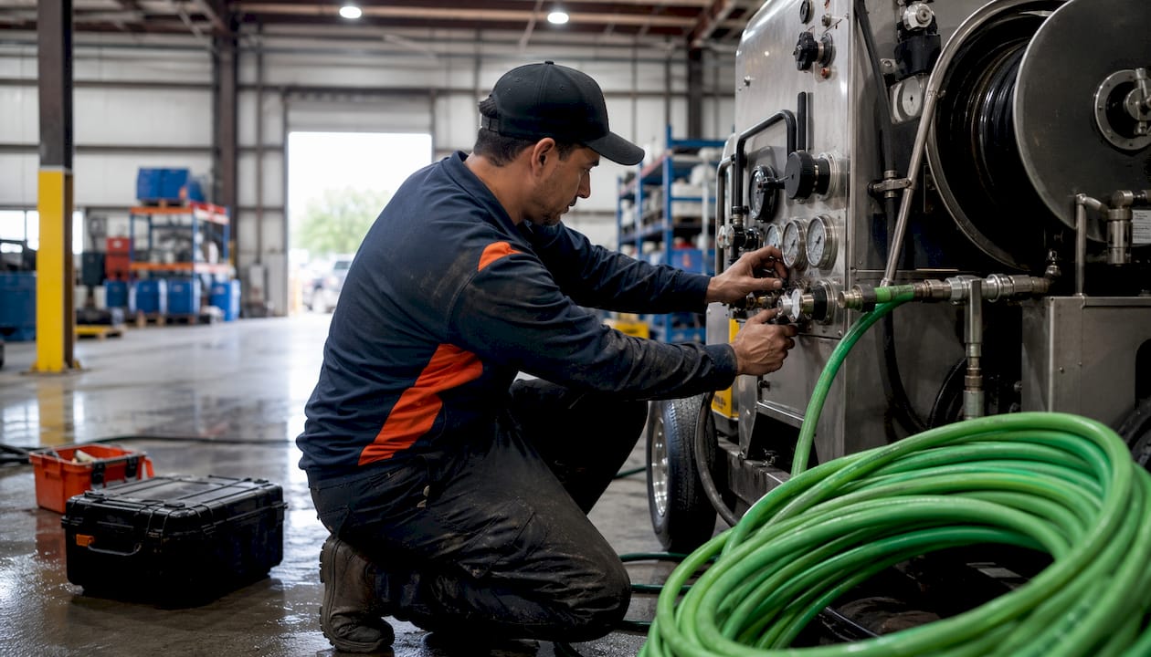 Technician operating hydro jetting machine in basement