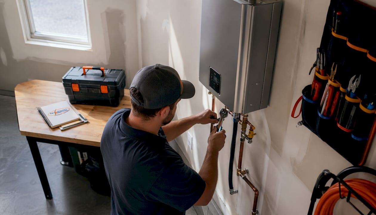 Technician servicing tankless water heater