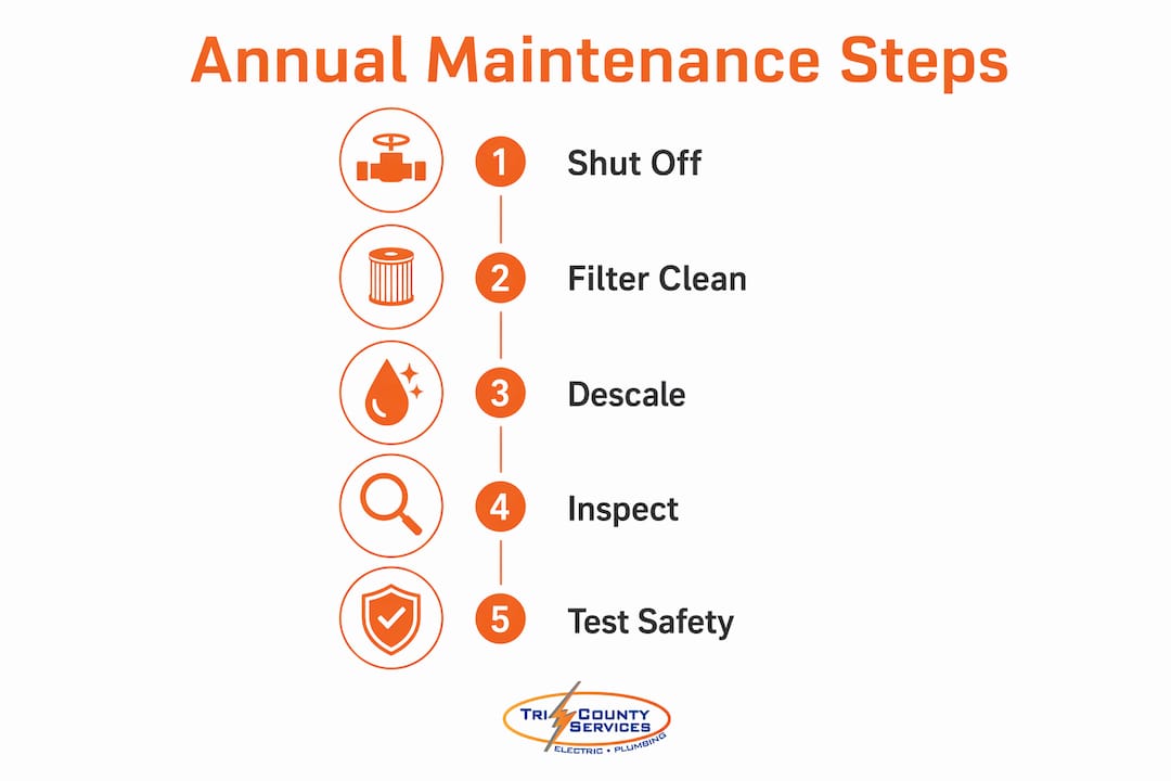 Infographic showing steps of tankless water heater maintenance