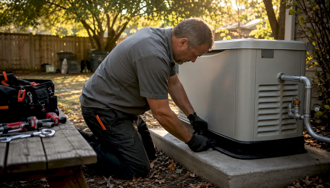 Electrician installing home standby generator
