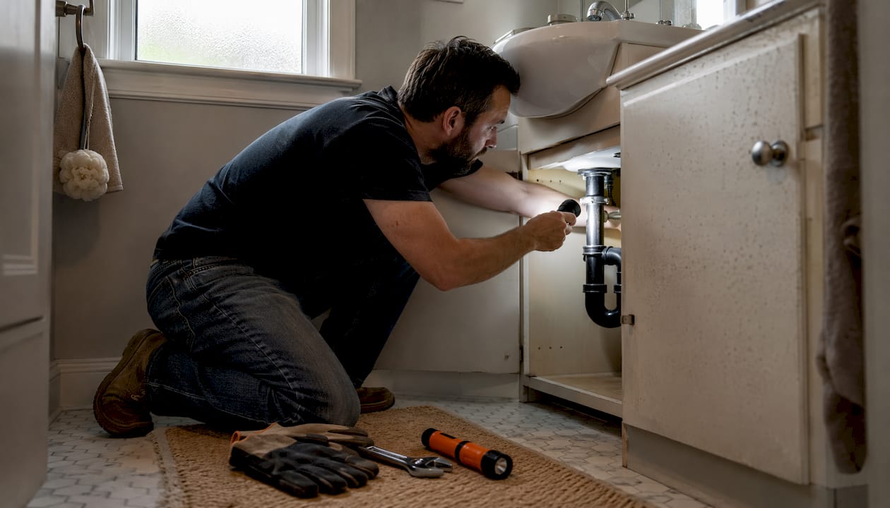 Homeowner inspecting clogged kitchen drain