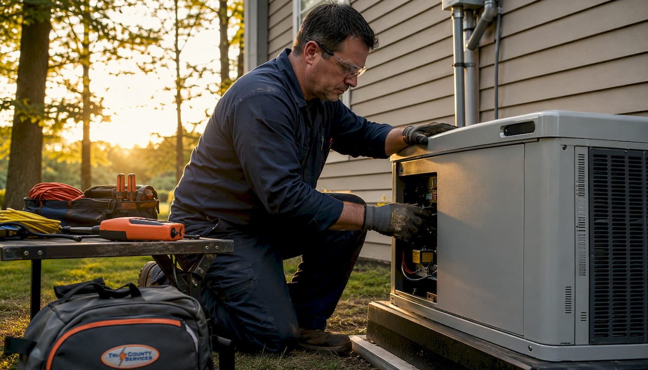 Electrician installing home standby generator outdoors
