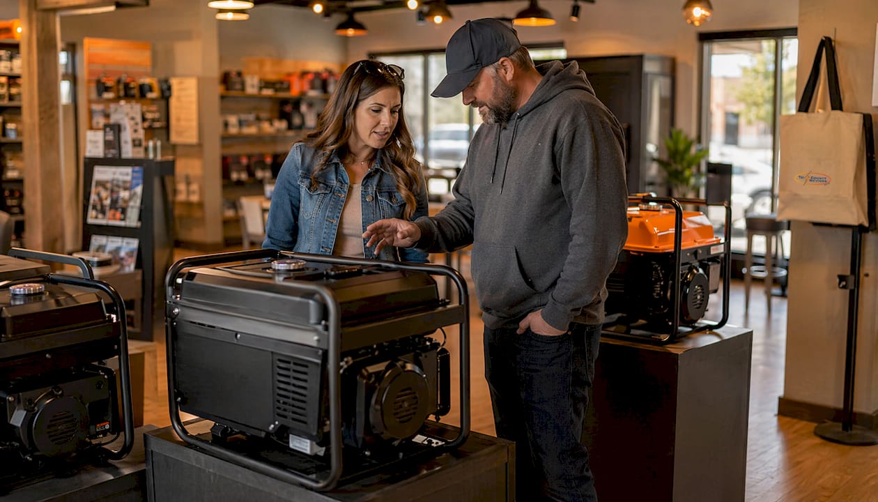 Couple browsing portable generators in showroom