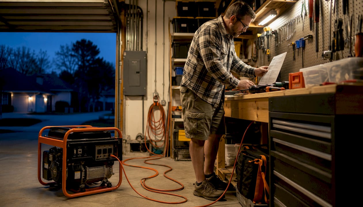 Man safely setting up portable generator outdoors