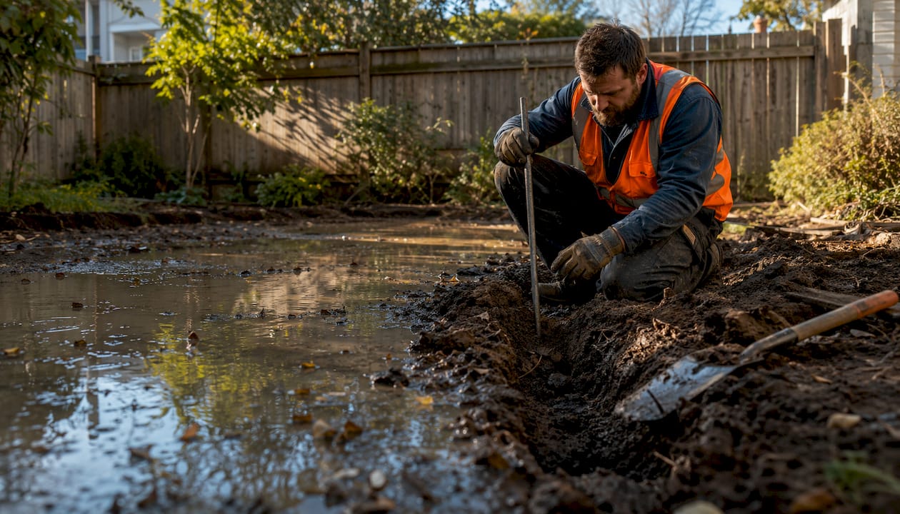 Professional inspecting flooded yard with drainage issues