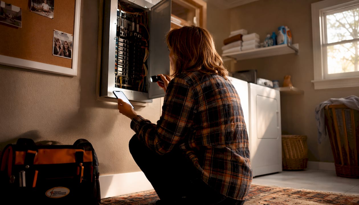 Woman inspecting electrical breaker panel