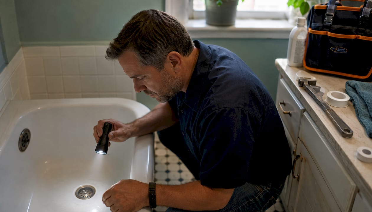Homeowner inspecting slow bathroom drain