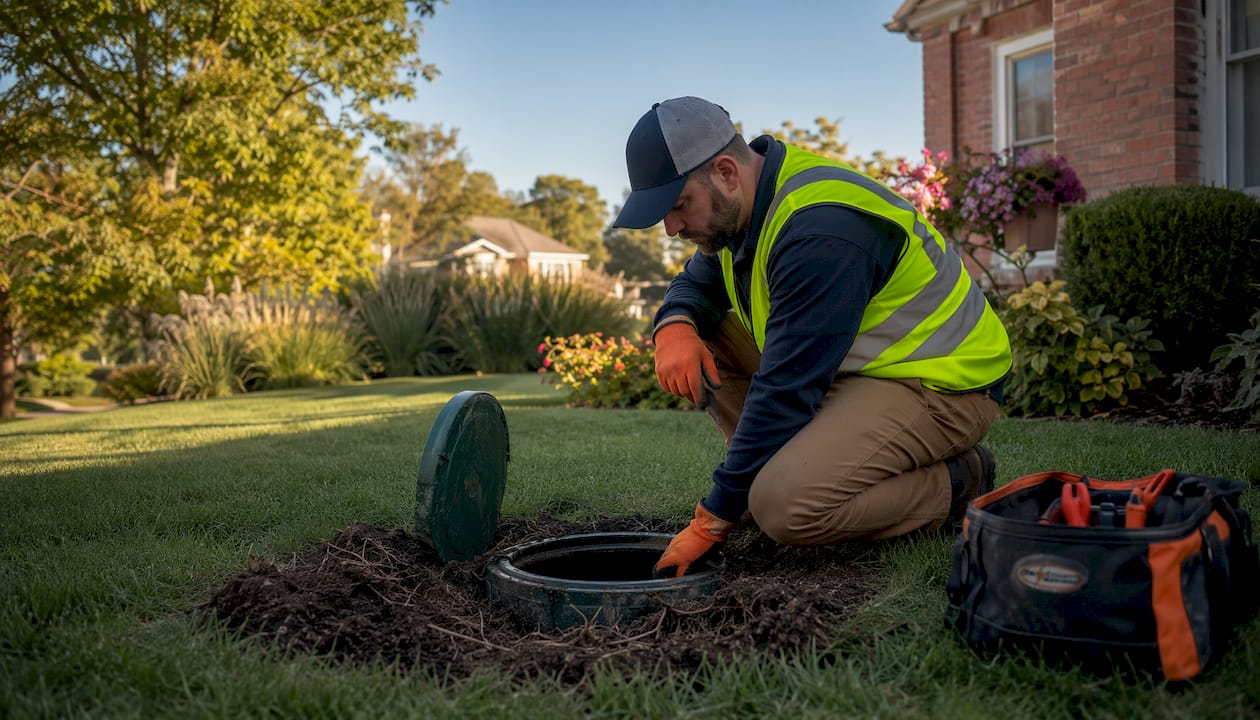 Technician inspecting sewer line access in yard