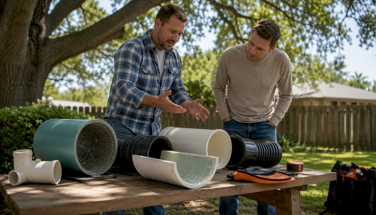 Contractor showing sewer pipe options to homeowner