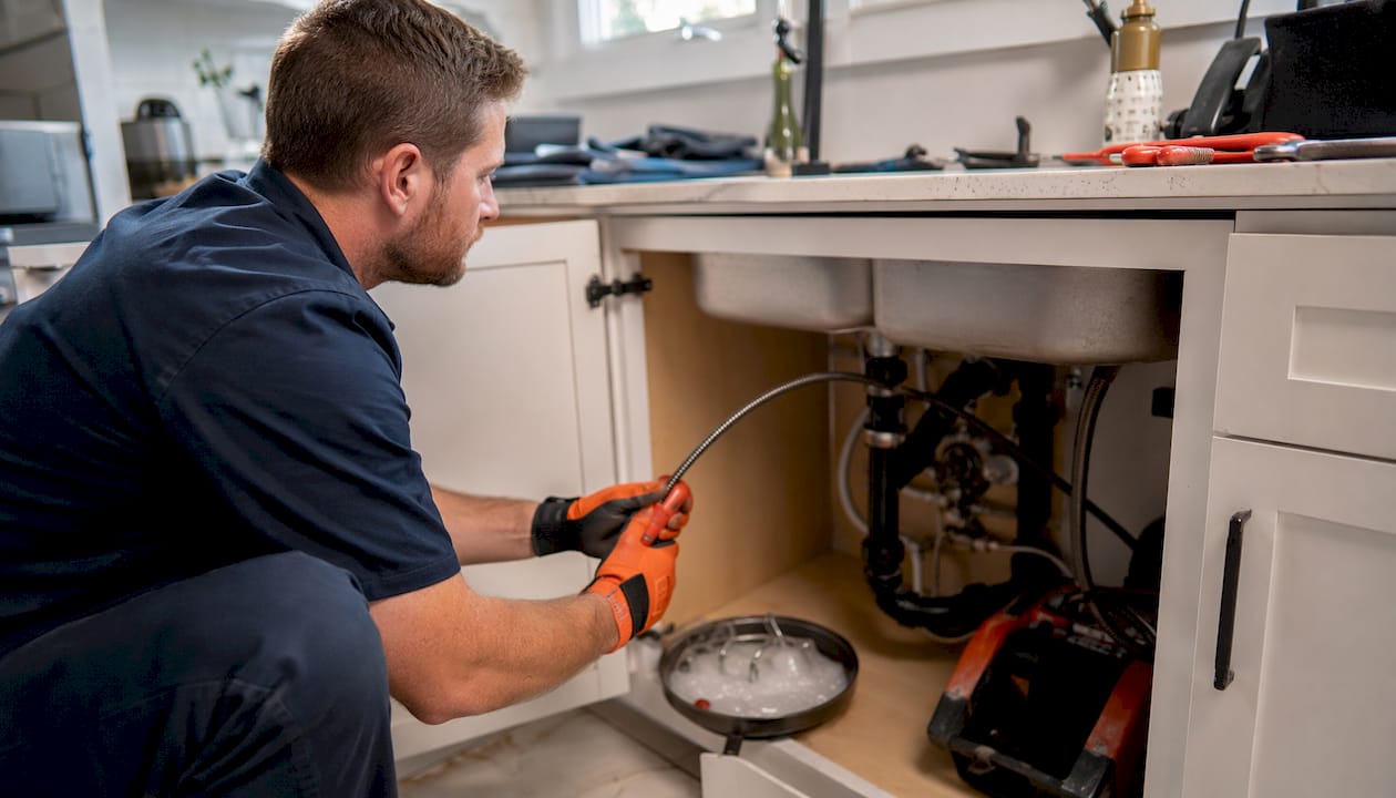 Professional plumber clearing drain in residential bathroom