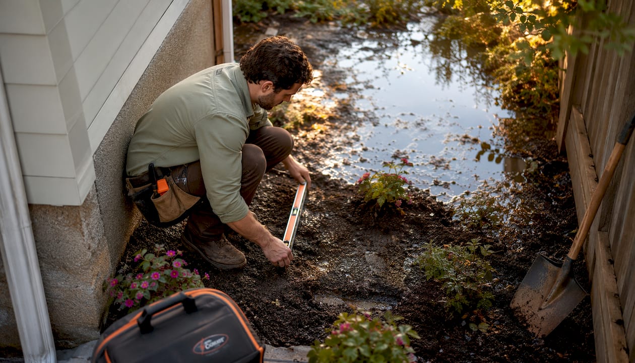 Professional assessing flooded yard soil slope