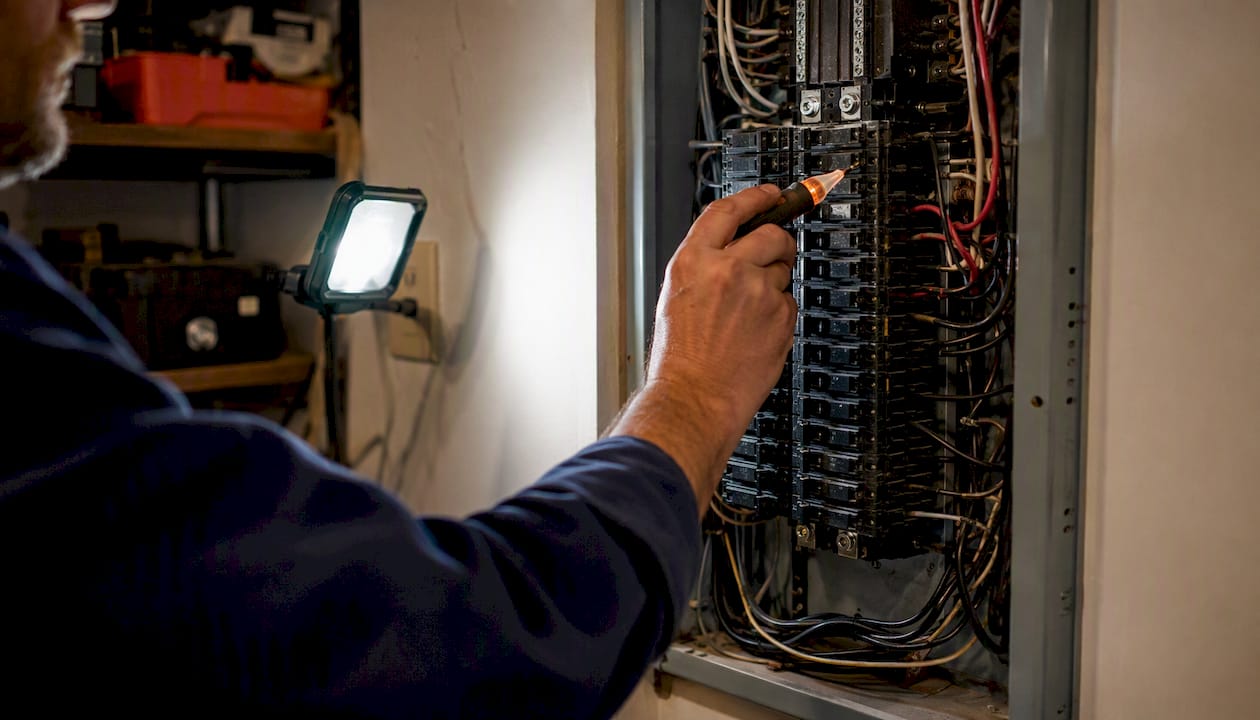 Electrician checking electrical panel wiring
