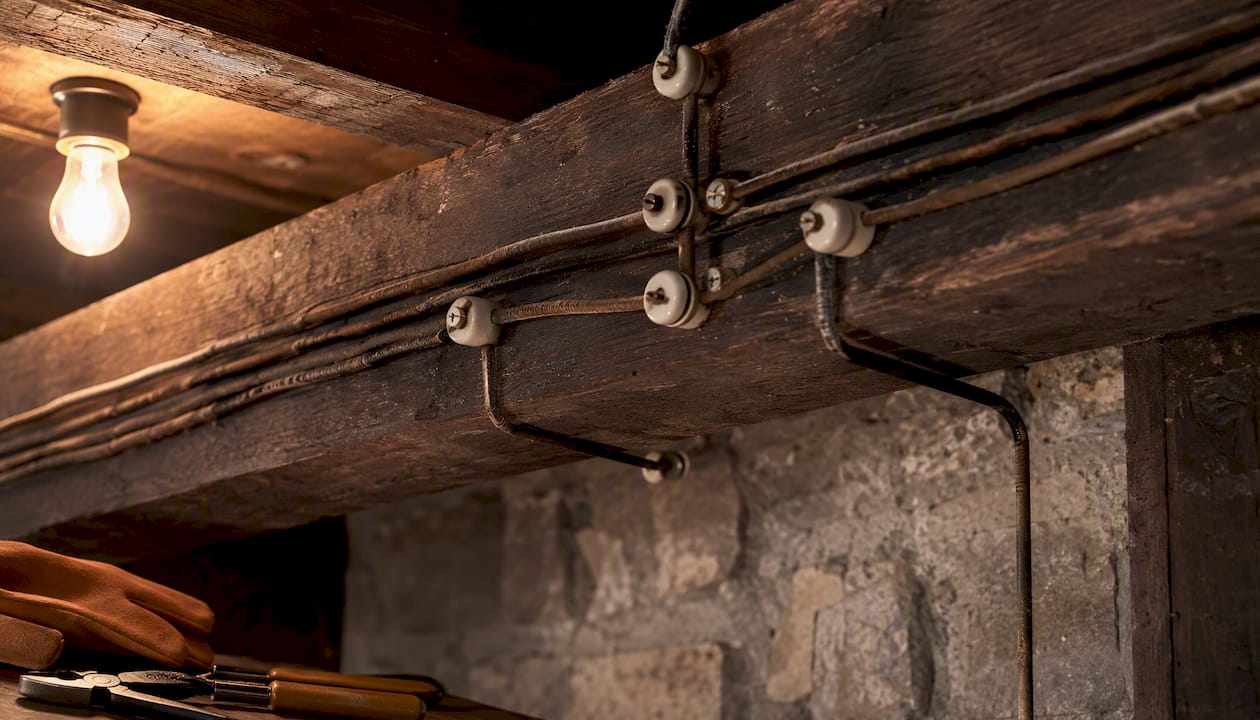 Close-up of knob and tube wiring on wooden frame