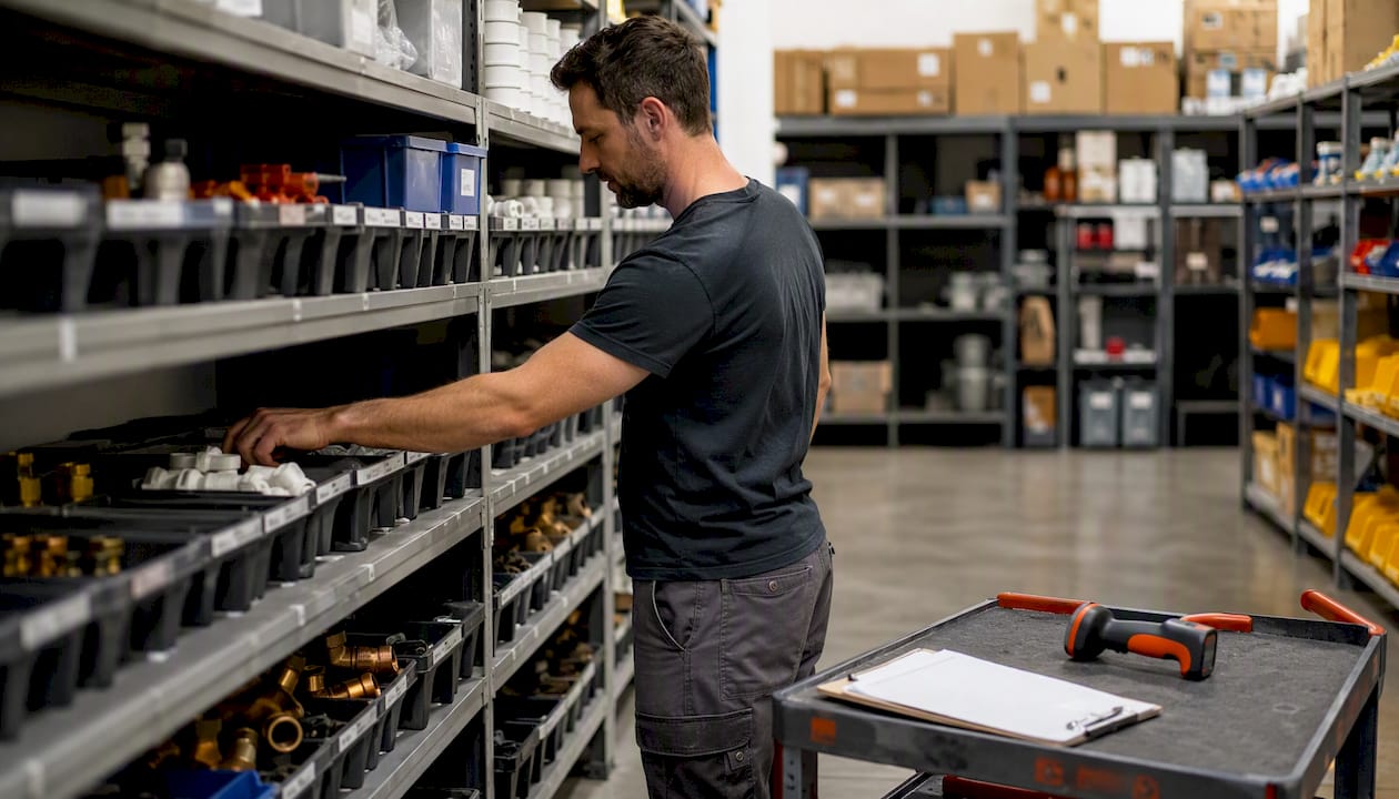 Technician selecting spare part in organized storeroom