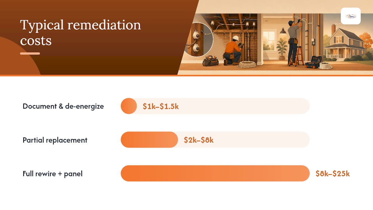 Diagram comparing knob and tube wiring remediation options and costs