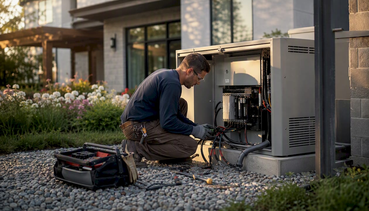 Electrician installing home standby generator outdoors
