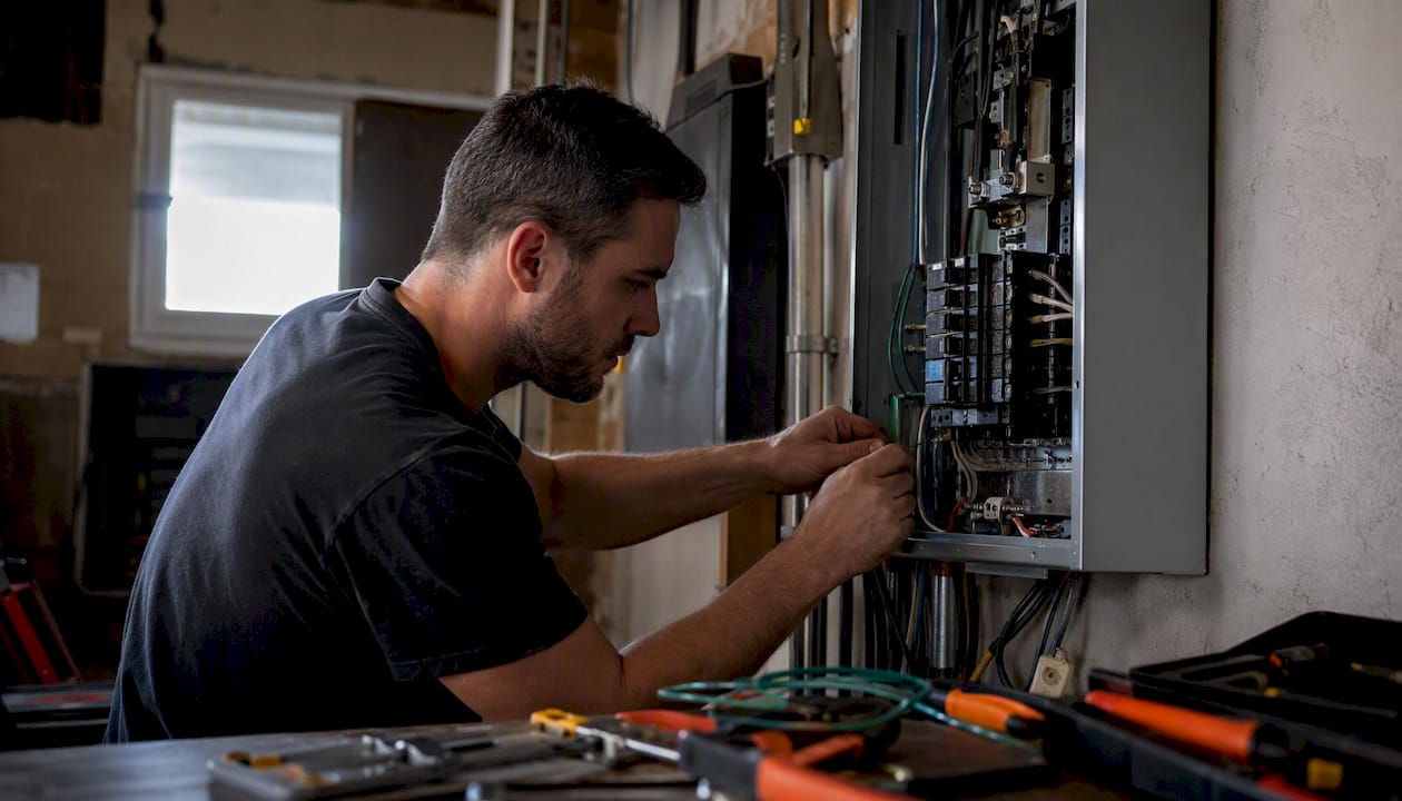 Electrician replacing electrical panel close-up