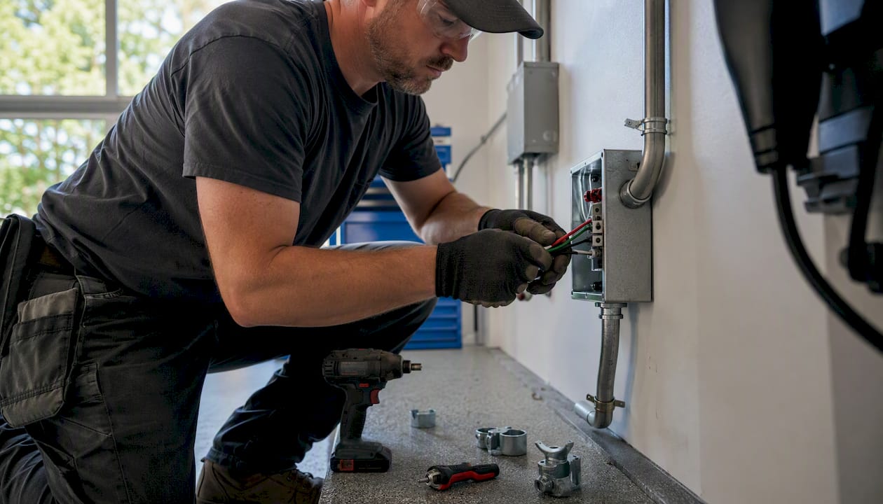 Electrician wiring dedicated EV charger circuit
