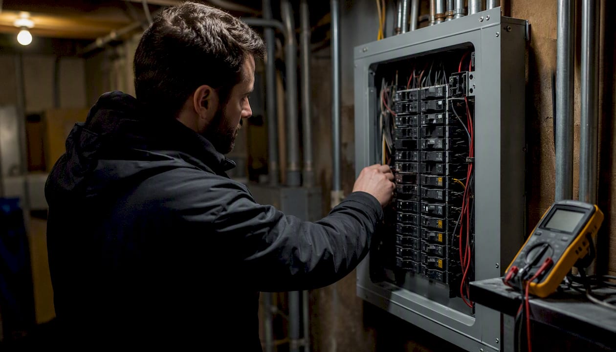 Electrician inspecting electrical panel capacity