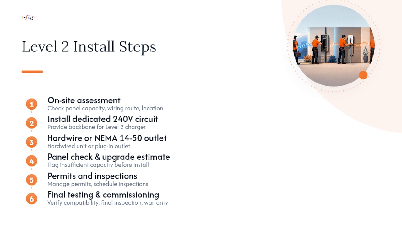Diagram showing Level 2 EV charger installation steps