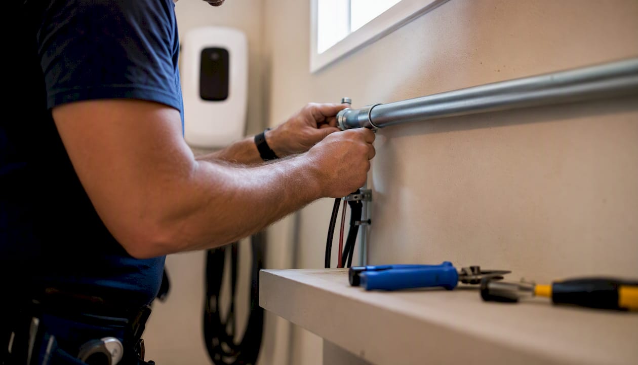 Electrician wiring EV charger in residential garage