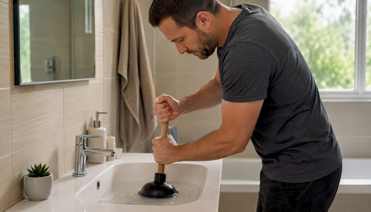 Plunger covering bathroom sink drain