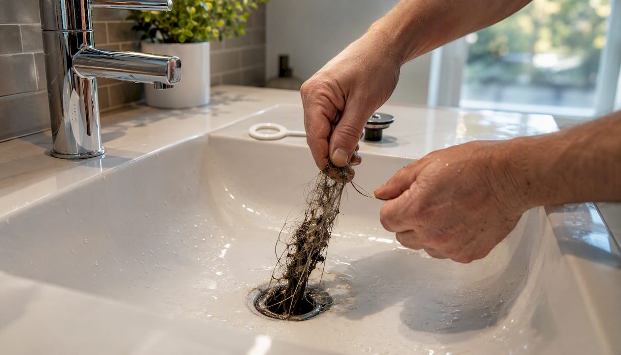 Hands pulling hair clog from bathroom drain