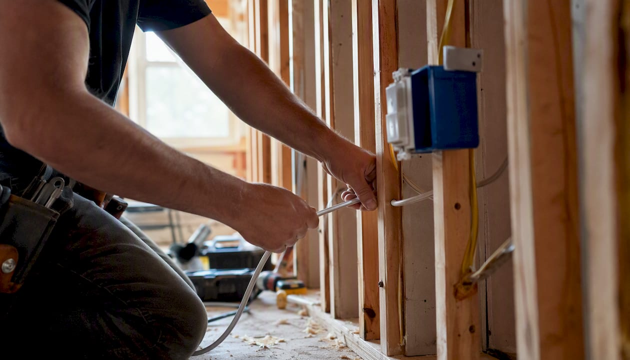 Electrician rewiring home wall during remodel