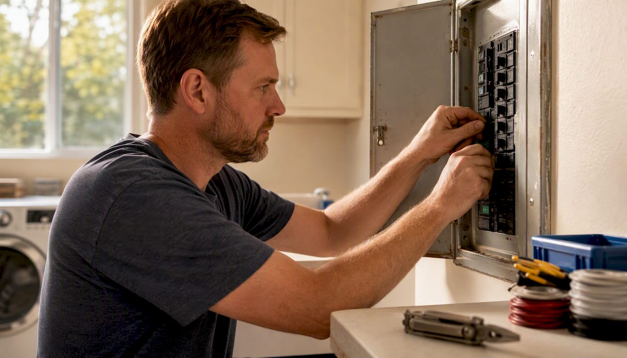 Hands resetting home circuit breaker