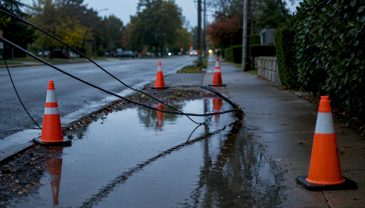 Downed live power line with safety cones