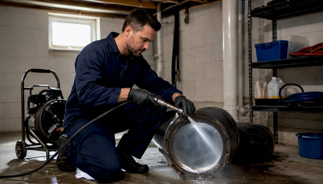 Hydro-jetting nozzle spraying inside drain pipe