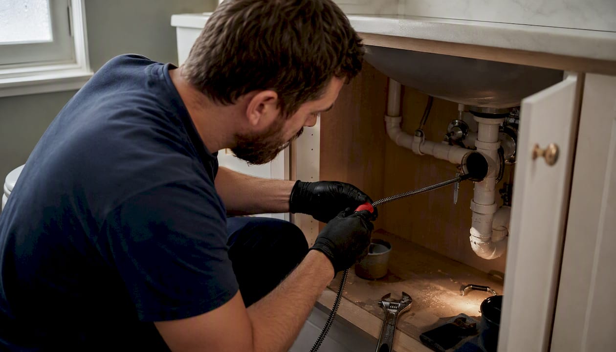 Plumber using a drain snake on kitchen sink
