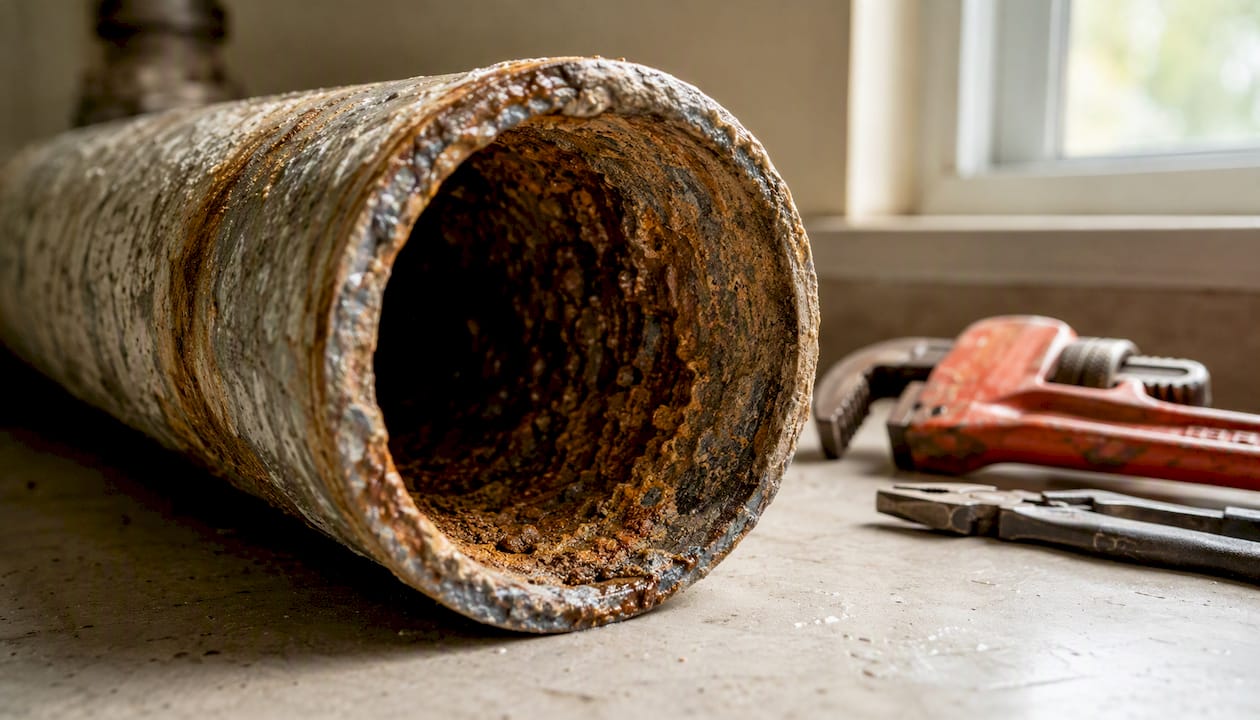Close-up of corroded interior of galvanized pipe