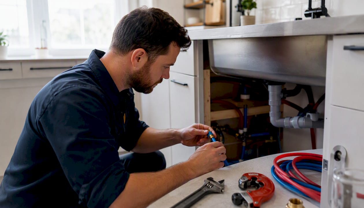Plumber hands preparing pipes for repiping