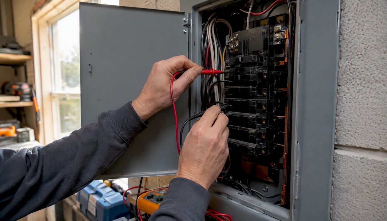 Electrician hands inspecting electrical panel