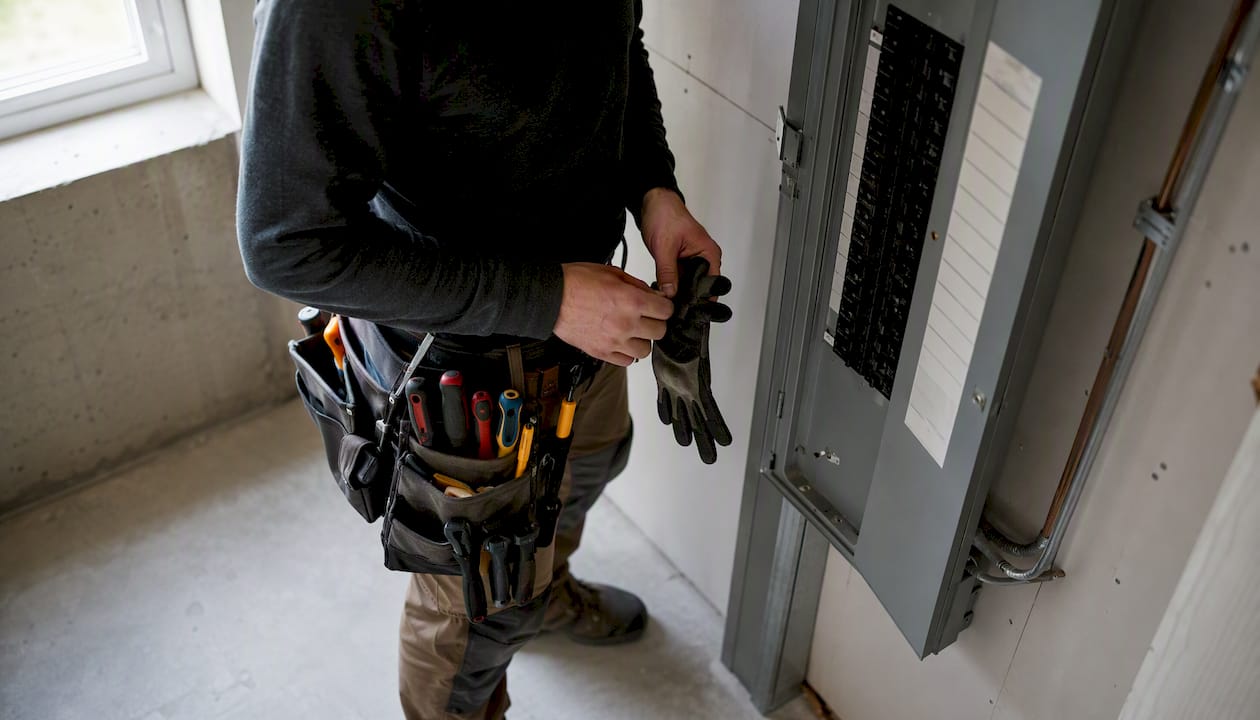 Electrician setting up tools near electrical panel