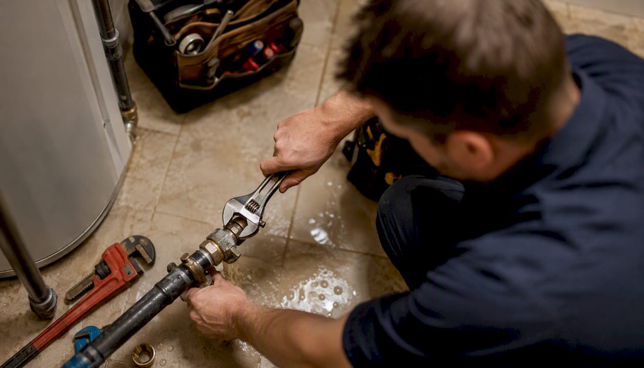 Plumber tightening burst pipe in basement