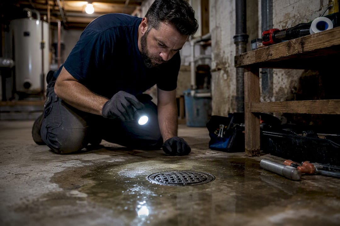 Plumber inspecting basement drain blockage