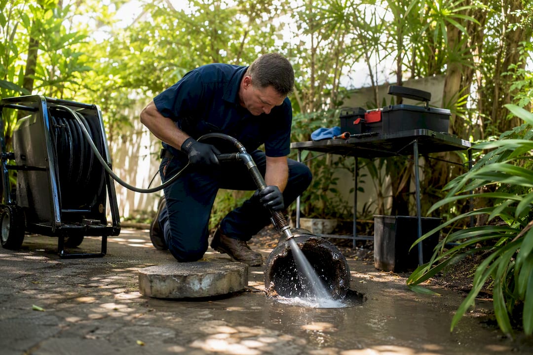 Hydro-jetting sewer line clearing in basement