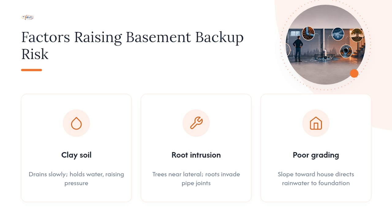 Diagram showing soil, roots, and grading effects on basement backups