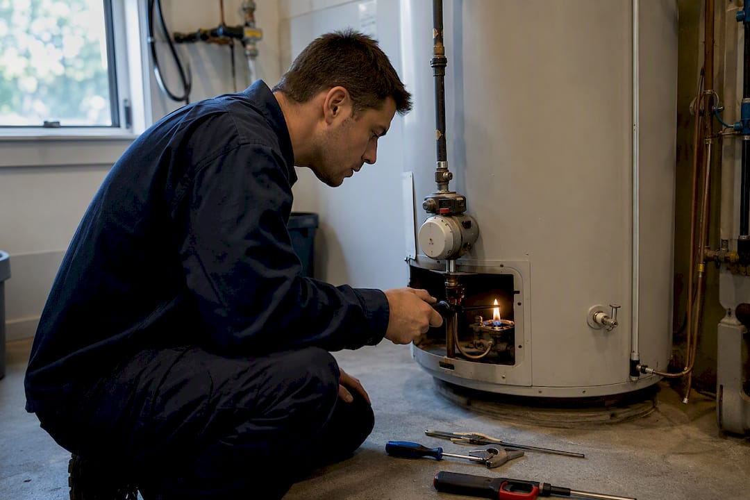Hands relighting gas water heater pilot light