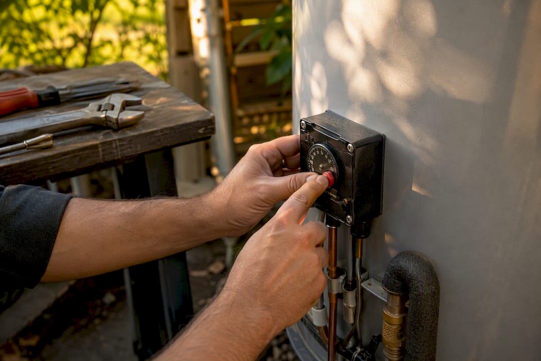 Technician pressing reset button on water heater