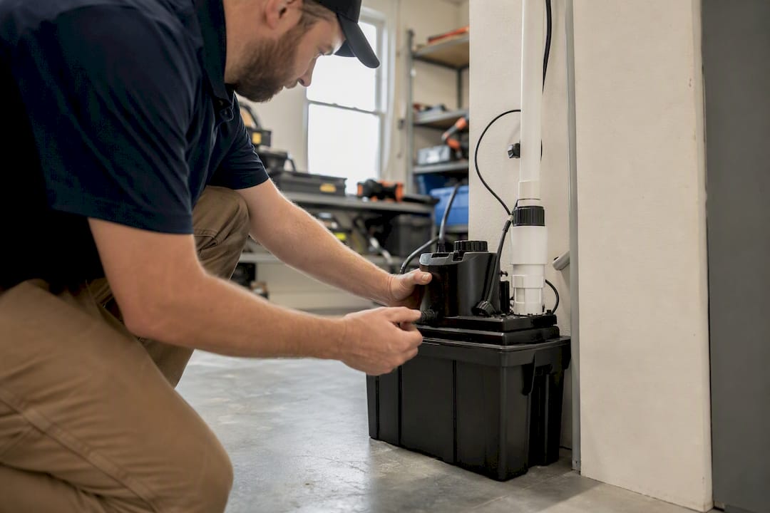 Electrician installing combo sump pump battery backup