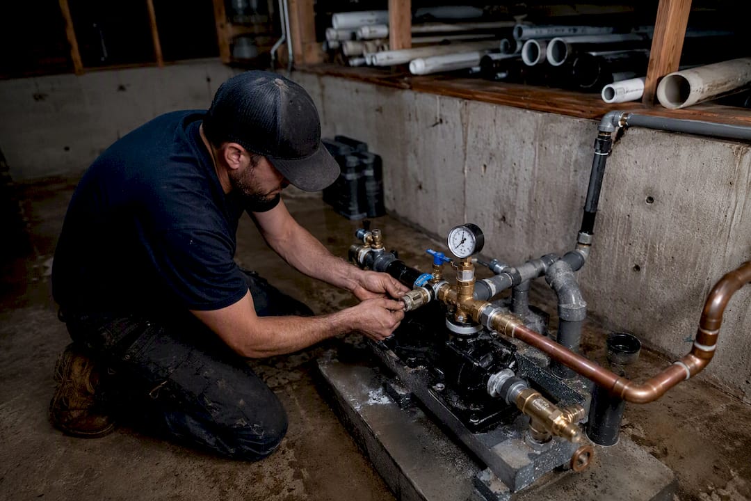 Plumber connecting water-powered sump pump pipes