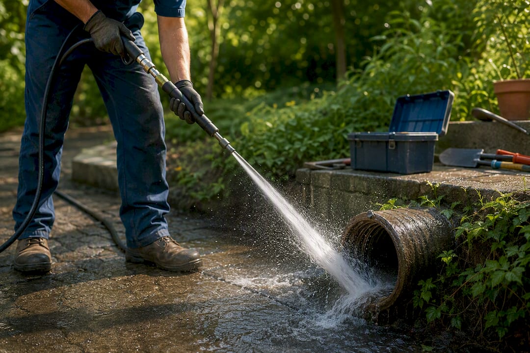Plumber using hydrojetting equipment on sewer pipe