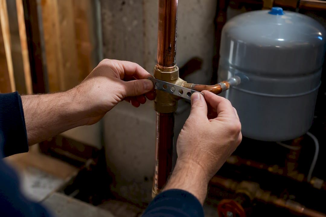 Plumber bracing expansion tank piping