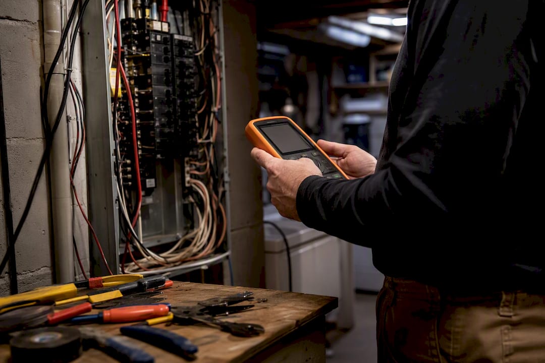 Electrician performing load calculation at home panel