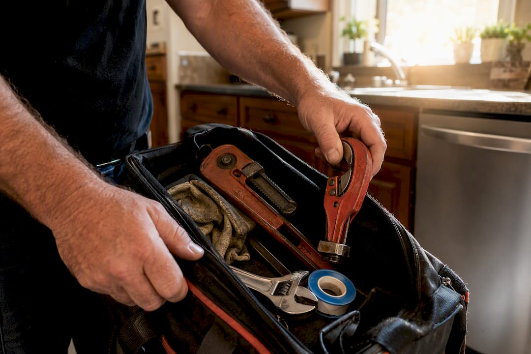 Plumber's hands packing emergency tools